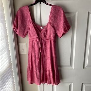 Lush Pink Tiered Crinkle Mini Dress with Puff Sleeves Size XS